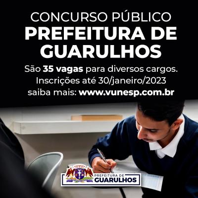 A Prefeitura de Guarulhos abriu concurso público com 35 vagas para 12 funções, que vão do ensino fundamental incompleto ao ensino superior, e cujos salários variam de R$ 1.876,02 a R$ 6.286,79. As inscrições vão até o próximo dia 30 e devem ser feitas exclusivamente pelo site da Fundação Vunesp (www.vunesp.com.br). Os editais completos foram publicados no Diário Oficial do Município e podem ser consultados no link https://diariooficial.guarulhos.sp.gov.br/uploads/pdf/1061687347.pdf. O certame oferece os seguintes cargos: arquiteto (5 vagas), biólogo (2 vagas), contador (5 vagas), economista (2 vagas), engenheiro ambiental (2 vagas), engenheiro civil (5 vagas), jornalista (1 vaga), operador de iluminação (2 vagas), repórter fotográfico (1 vaga), técnico em som (2 vagas), técnico em tecnologia da informação (5 vagas) e serralheiro (3 vagas). O valor da taxa de inscrição é de R$ 57 para a exigência de ensino fundamental completo, R$ 72 para ensino médio e R$ 128 para curso superior. Arte: Comunicação/PMG
