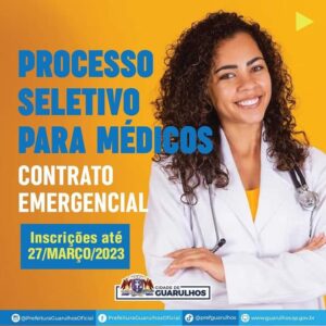 Guarulhos abre processo seletivo para contratar médicos de urgência e emergência🧑🏾‍⚕️👩🏼‍⚕️ A Prefeitura de Guarulhos está com inscrições abertas para o processo seletivo de contratação emergencial de cinco médicos de urgência e emergência para atuação no Pronto Atendimento Dona Luiza. As inscrições podem ser feitas até 27 de março, pessoalmente, na Secretaria da Saúde (rua Íris, 300, sala 9, Gopoúva), das 9h às 16h, ou pelo e-mail selecaosaude@guarulhos.sp.gov.br. Para a inscrição são necessários os seguintes documentos: currículo resumido (uma folha), cédula de identidade, comprovante de residência, CRM-SP e diploma de medicina. As vagas são para uma carga de 24 horas semanais com remuneração de R$ 7.730,01 e os contratados também terão direito a R$ 1.000 de vale-refeição ou vale-alimentação e vale-transporte proporcional opcional, além de gratificações. A contratação será regida pela Consolidação das Leis do Trabalho (CLT) e a seleção ocorrerá por meio de avaliação do currículo, conforme o edital de divulgação 03/2023-SS20, publicado no Diário Oficial da última sexta-feira (24), disponível no link diariooficial.guarulhos.sp.gov.br/uploads/pdf/380028847.pdf, página 34.